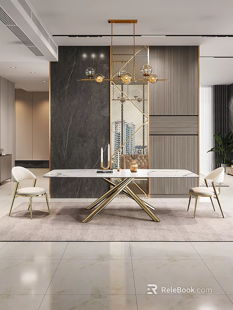 Elegant Modern Dining Table Set With Marble Top And Upholstered Brass Leg Chairs 3d model 