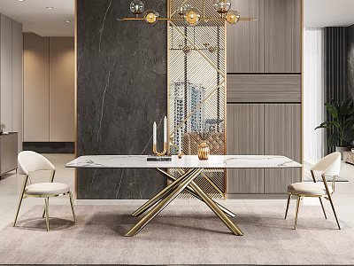 Elegant Modern Dining Table Set With Marble Top And Upholstered Brass Leg Chairs 3d model