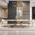 Elegant Modern Dining Table Set With Marble Top And Upholstered Brass Leg Chairs