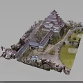 Traditional Multi Layered Pagoda Building With Cherry Blossom Trees And Garden Paths