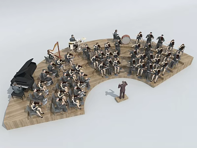 Game Movie Characters Performing in Orchestra with Conductor and Musical Instruments on Wooden Stage 3d model