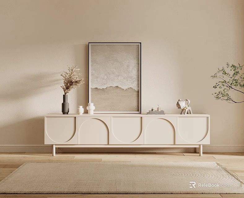 White TV Stand With Curved Doors And Decorative Items In Living Room With Wall Art 3d model 