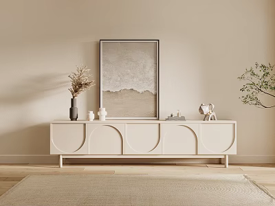White TV Stand With Curved Doors And Decorative Items In Living Room With Wall Art 3d model