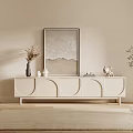 White TV Stand With Curved Doors And Decorative Items In Living Room With Wall Art