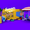 Summer Day Party Setup With Yellow Box Surfboard Striped Umbrella And Beach Chairs