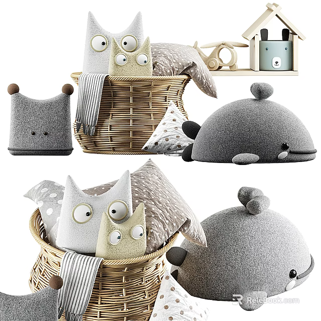 Soft Gray Plush Owl And Whale Shaped Dolls In Woven Basket With Striped Fabric 3d model 