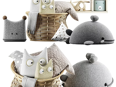 Soft Gray Plush Owl And Whale Shaped Dolls In Woven Basket With Striped Fabric 3d model