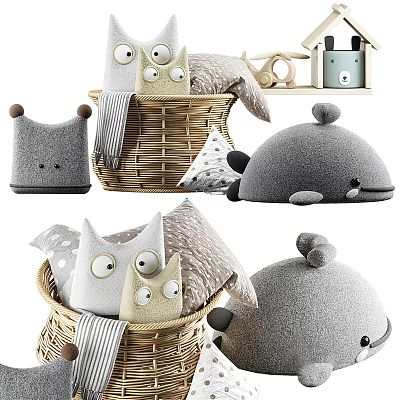 Soft Gray Plush Owl And Whale Shaped Dolls In Woven Basket With Striped Fabric 3d model
