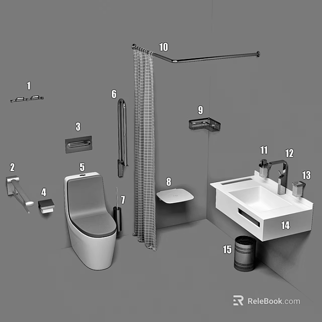 Modern Bathroom Set With Toilet Sink Shower Curtain And Storage Accessories 3d model 