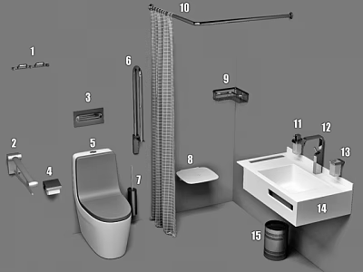 Modern Bathroom Set With Toilet Sink Shower Curtain And Storage Accessories 3d model