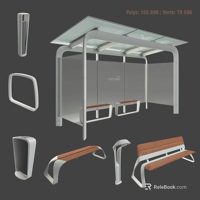 Public Bus Shelter Structure With Wooden Bench And Metal Frame Components 3d model 