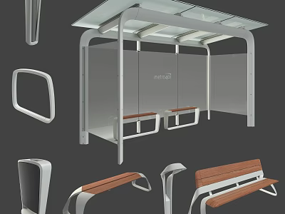 Public Bus Shelter Structure With Wooden Bench And Metal Frame Components 3d model