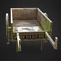 Vintage Wooden Cart With Mossy Surface And Large Spoked Wheel Design