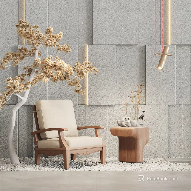 Single Sofa In Minimalist Room With Gray Textured Wall Golden Tree Branch And Wooden Table 3d model 