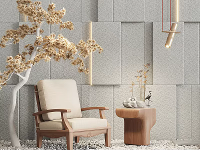 Single Sofa In Minimalist Room With Gray Textured Wall Golden Tree Branch And Wooden Table 3d model
