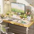 Modern Home Office Desk and Chair Set with Computer Monitor Keyboard Headphones and Green Plants