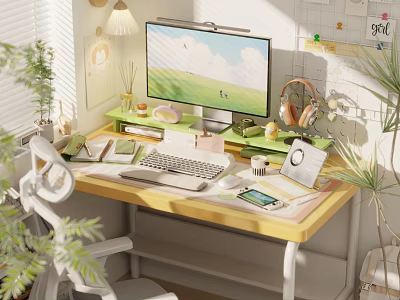 Modern Home Office Desk and Chair Set with Computer Monitor Keyboard Headphones and Green Plants 3d model