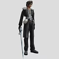 Man Wearing Black Outfit With White Fur Collar Holding Long Sword Standing Pose