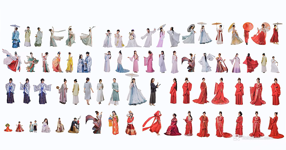 Group of People in Traditional Ancient Costumes with Various Styles and Colors 3d model 