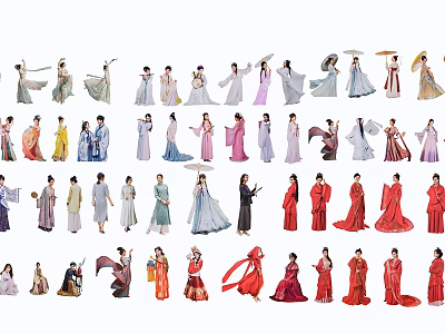 Group of People in Traditional Ancient Costumes with Various Styles and Colors 3d model