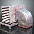 Rusty Industrial Metal Equipment With Louvered Panel And Curved Component On Stand
