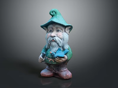 Fantasy Game Movie Character Gnome With Green Hat White Beard Holding Blue Bird Red Shoes 3d model