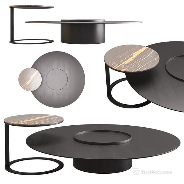 Minimalist Modern Coffee Table With Round Marble Top And Black Metal Frame Design 3d model 