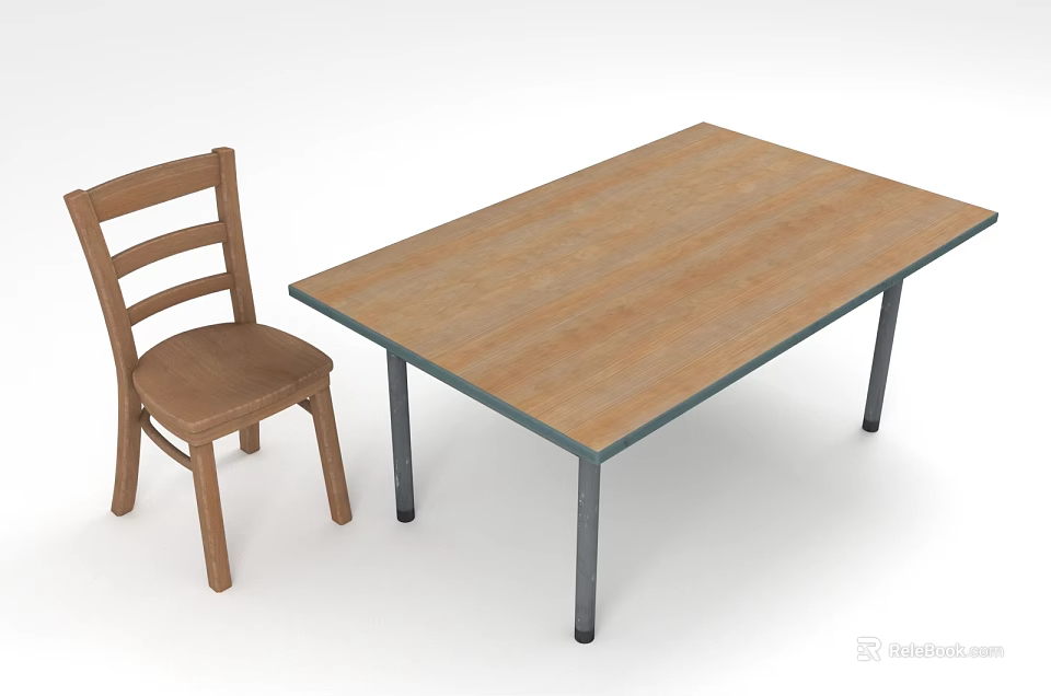 Wooden Table and Chair Set Featuring Metal Legs and Wooden Backrest Design 3d model 