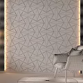 Dark Textured Background Wall with Geometric Pattern Brown Leather Chair Floor Lamp and Green Plant