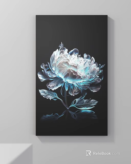 Decorative Plant Painting With Blue And White Gradient Flower On Black Background 3d model 