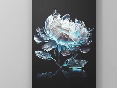 Decorative Plant Painting With Blue And White Gradient Flower On Black Background 3d model