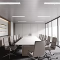 Modern Conference Room With Large Windows City View Long Table Gray Chairs Recessed Lights Shelves