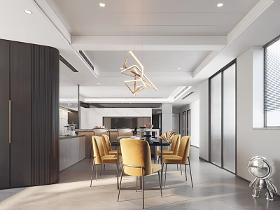 Modern Restaurant Interior With Open Layout Yellow Chairs Black Table And Geometric Pendant Light 3d model