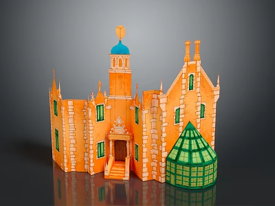 Cartoon Castle Scene With Orange Main Body Blue Tower Top And Green Dome Windows Steps 3d model