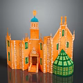 Cartoon Castle Scene With Orange Main Body Blue Tower Top And Green Dome Windows Steps