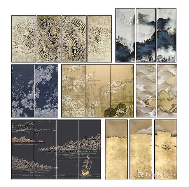 Artistic Abstract Paintings With Wave Mountain Bamboo Patterns Gold Blue Black Multi Panel Wall Decor 3d model