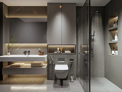 Light Luxury Bathroom Interior With Glass Shower Marble Countertop And Wall Mounted Toilet 3d model