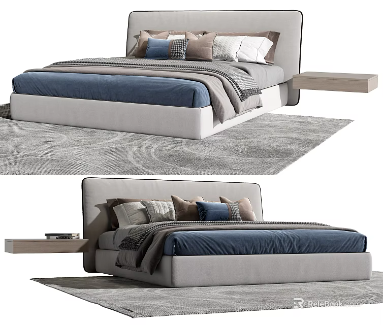 Modern Upholstered Double Bed With Blue Bedding And Side Table On Gray Rug 3d model 