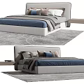 Modern Upholstered Double Bed With Blue Bedding And Side Table On Gray Rug