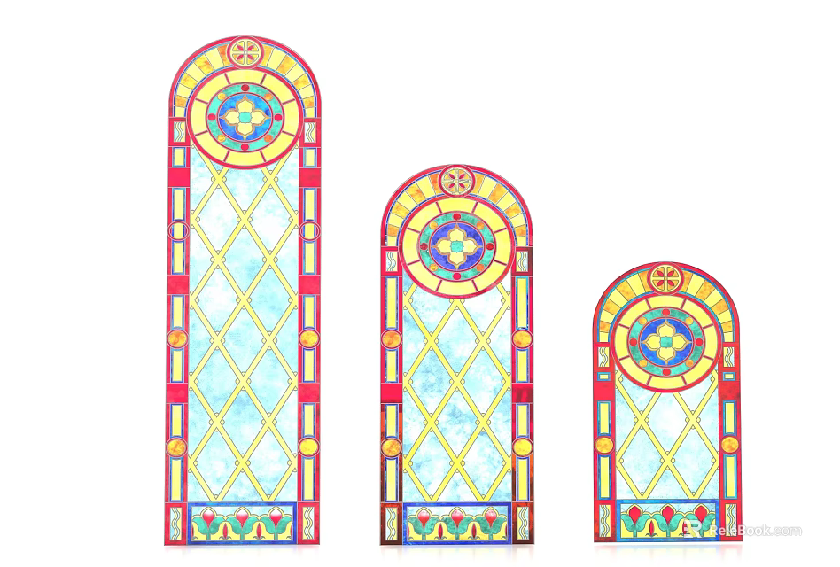 Stained Glass Arched Casement Windows With Geometric Patterns And Decorative Designs In Various Sizes 3d model 
