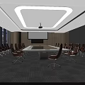 Modern Conference Room With Large Meeting Table Brown Leather Chairs Projector Screen And Ceiling Lighting