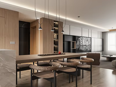 Modern Open Living and Dining Room With Wooden Table Pendant Lights TV Wall And Sofa 3d model