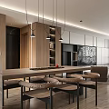 Modern Open Living and Dining Room With Wooden Table Pendant Lights TV Wall And Sofa