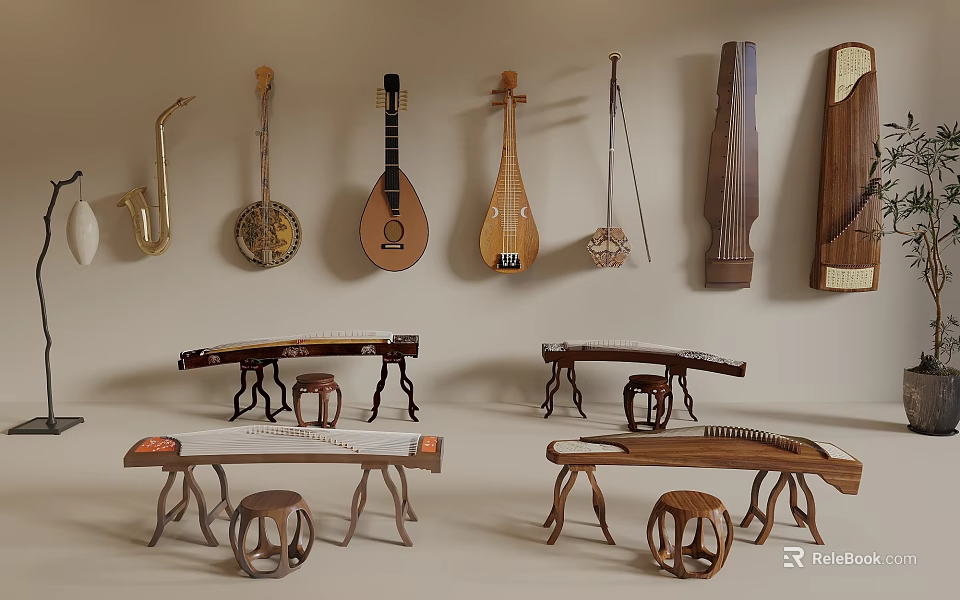 Various Classical Instruments and Art Supplies Hanging on Wall with Wooden Display Racks 3d model 
