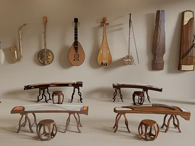 Various Classical Instruments and Art Supplies Hanging on Wall with Wooden Display Racks 3d model
