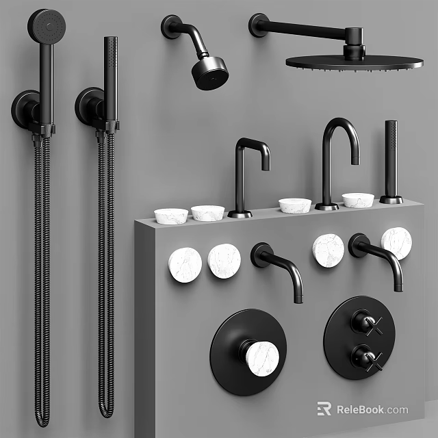Modern Black Bathroom Faucet Set With Marble Control Knobs And Shower System 3d model 