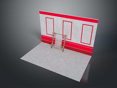 Household Products Display With Red And White Wall Three Rectangular Panels Wooden Rack 3d model