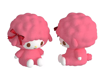 Cute Pink Plush Doll With Curly Hair Red Bow White Face And White Feet 3d model
