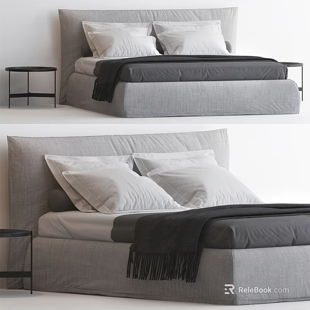 Modern Linen Upholstered Double Bed With White Pillows Black Throw Blanket And Side Table 3d model 