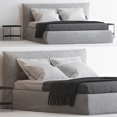 Modern Linen Upholstered Double Bed With White Pillows Black Throw Blanket And Side Table 3d model